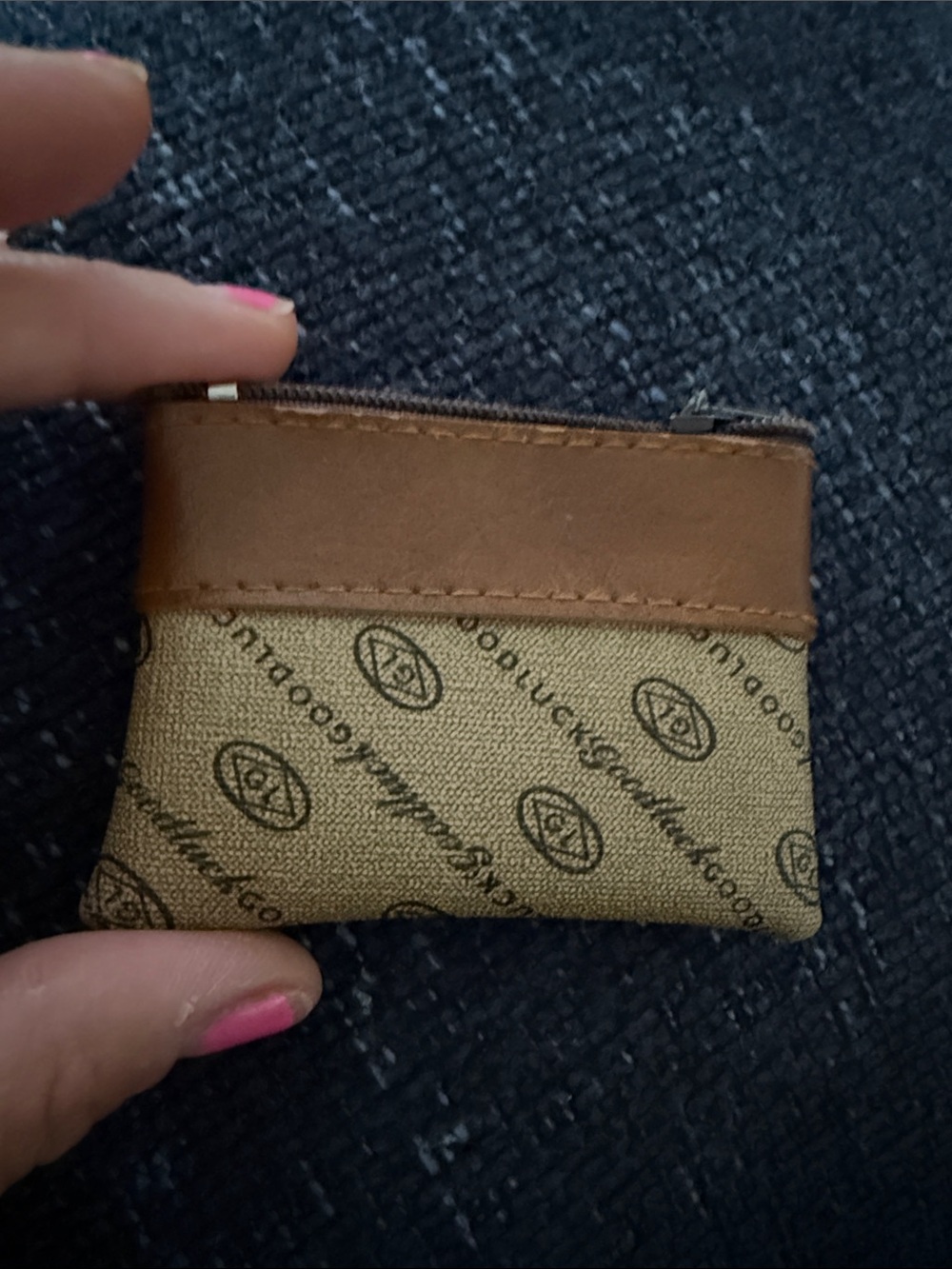 ‘Good Luck’ Brown Logo Zip Mini Coin Pouch